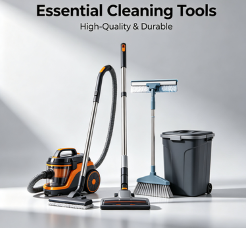 Essential Home Cleaning Tools Bundle, Complete Cleaning Kit with Wet/Dry Vacuum, Broom, Mop, and Trash Can for All-Purpose Floor and Surface Cleaning