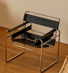 Wassily Style Armchair, Mid-Century Modern Leather Accent Chair with Chrome Frame, Living Room Lounge Chair, Black