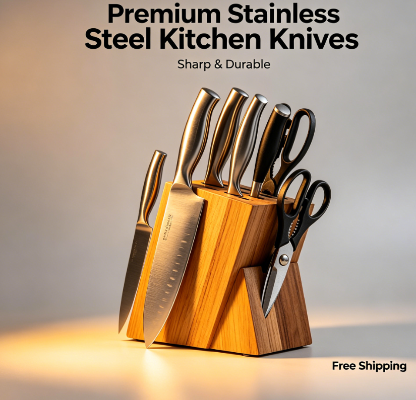 Premium Stainless Steel Kitchen Knife Set with Wooden Block, Sharp Chef Knives, Utility Knives, and Kitchen Shears for Food Prep